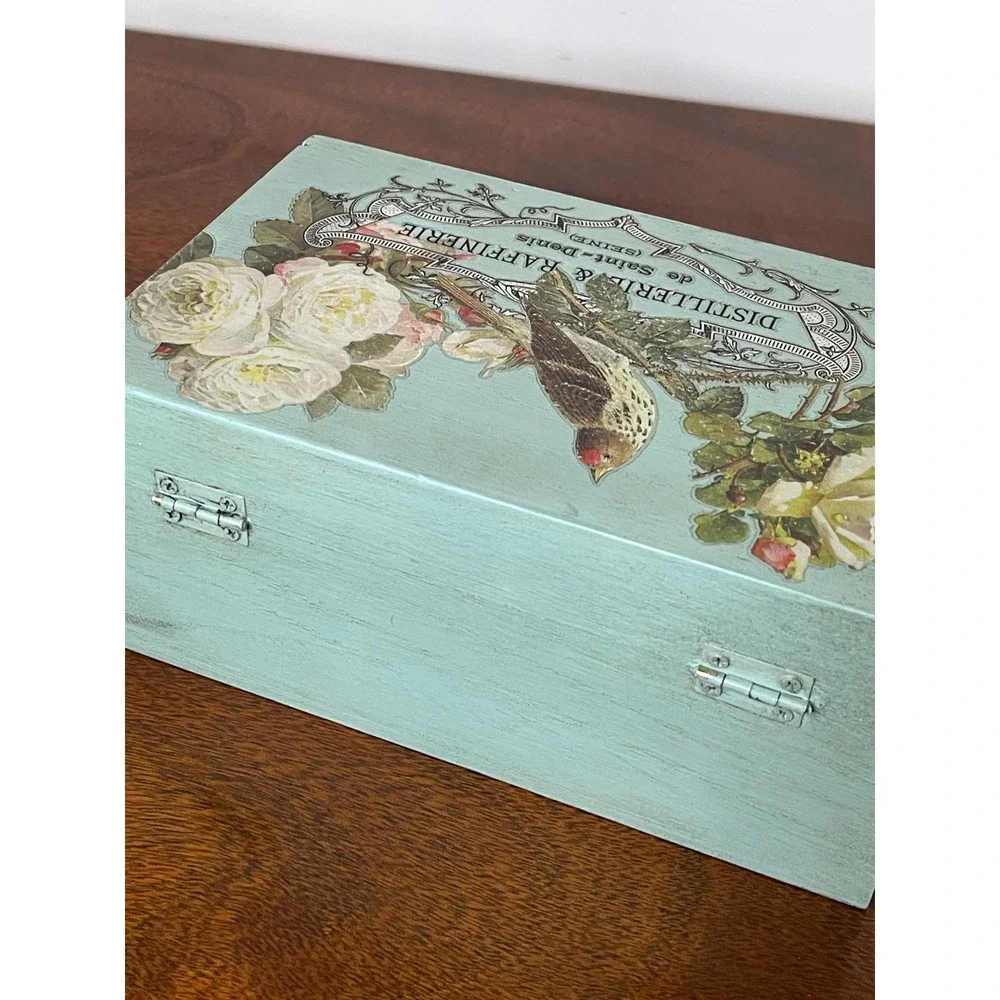 Hand painted decorative wood box storage cottagecore granny chic farmhouse bird
